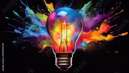 Obraz na płótnie Vibrant Paint Splash Light Bulb Explosion on Black Background A Vivid Symbol of Innovation and Creativity in a Striking Artwork w salonie