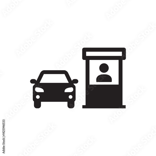 Black and White Silhouette of a Car at a Toll Booth Representing Transportation, Roadway Payment, and Checkpoint Control for Travel, Editable Vector Illustration Isolated on a White Background
