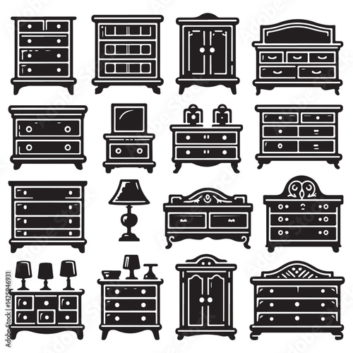 Dressers Furniture Icon Set – Black Silhouette Vector Collection on White Background

