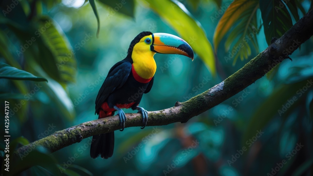 Tropical bird featuring vivid feathers sitting on a limb Tropical bird featuring vivid feathers sitting on a limb