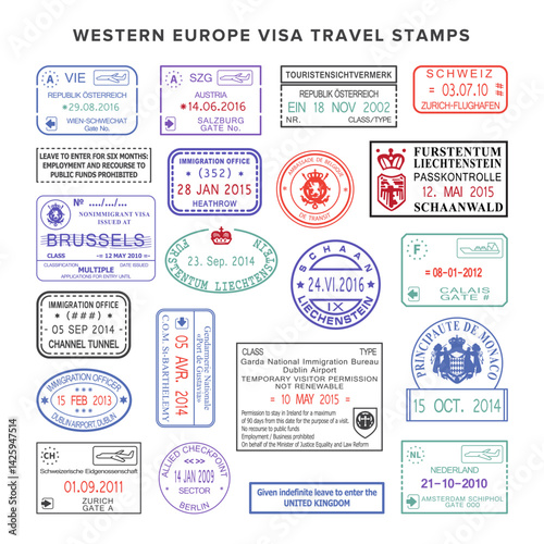 Vector western europe colour travel visa stamps set