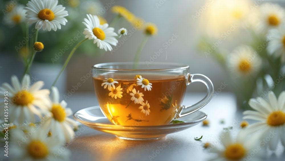 Herbal tea served in a cup against a cozy light background with fresh flowers Herbal tea served in a cup against a cozy light background with fresh flowers