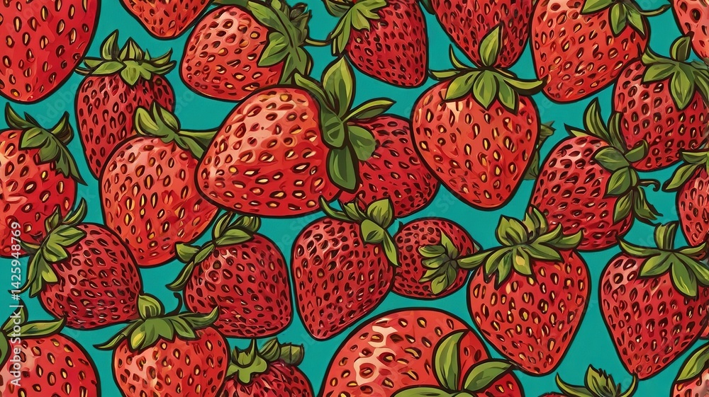 Strawberry background, seamless pattern, red berries with green leaves, simple and bright flat design, vector illustration. Strawberry background, seamless pattern, red berries with green leaves, simple and bright flat design, vector illustration.