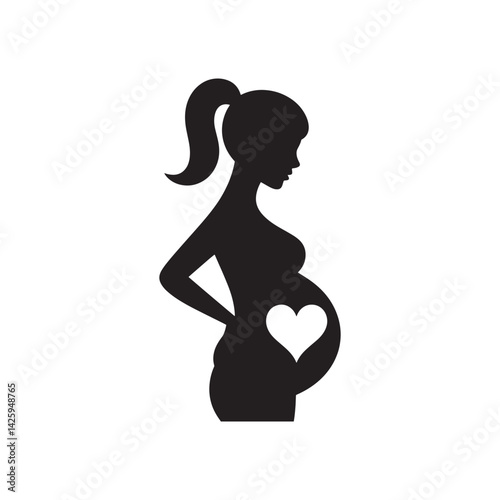 Black Silhouette of a Pregnant Woman with a Heart Symbol Inside Belly Representing Maternal Love, Pregnancy, and Parenthood for Family, Editable Vector Illustration Isolated on a White Background
