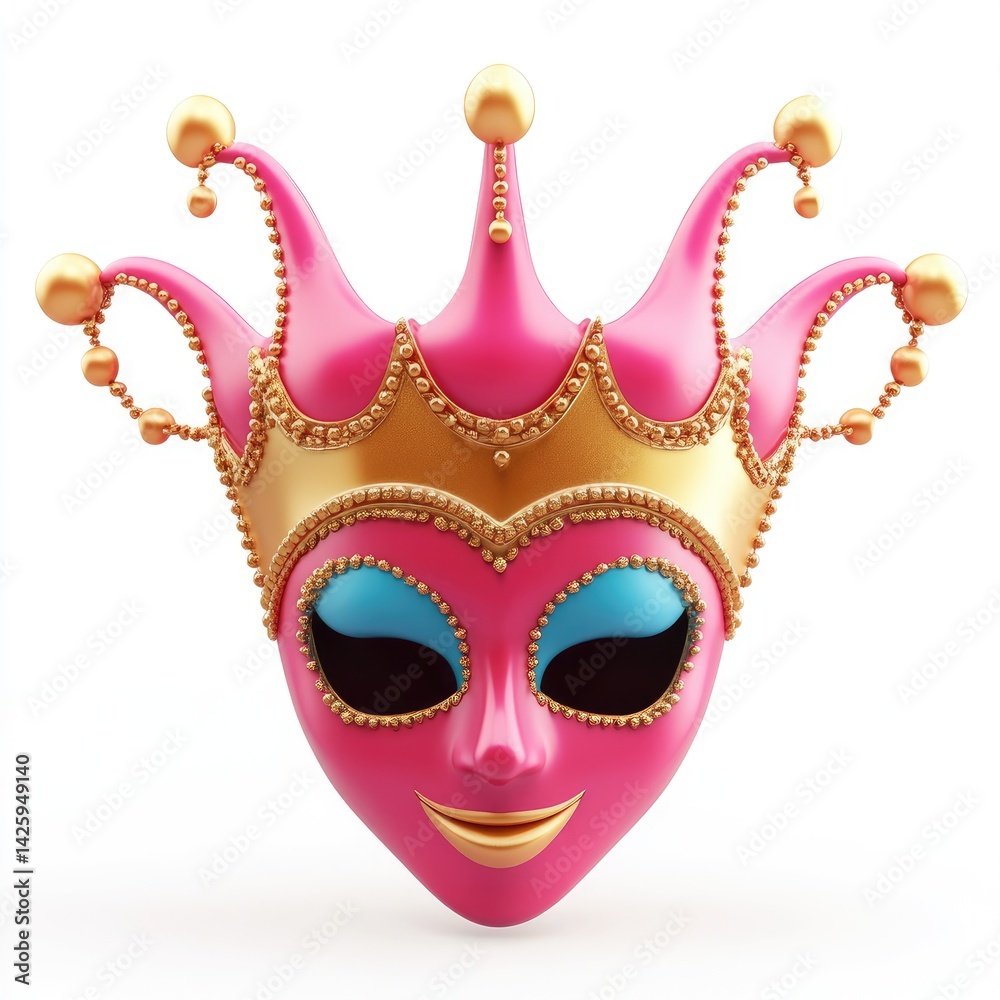 Naklejka premium Pink jester mask with alien-like features.