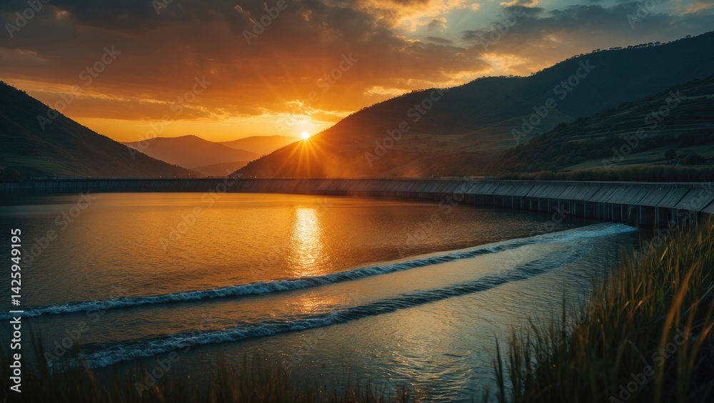 Fototapeta premium Sunset over a dam with hills in the background
