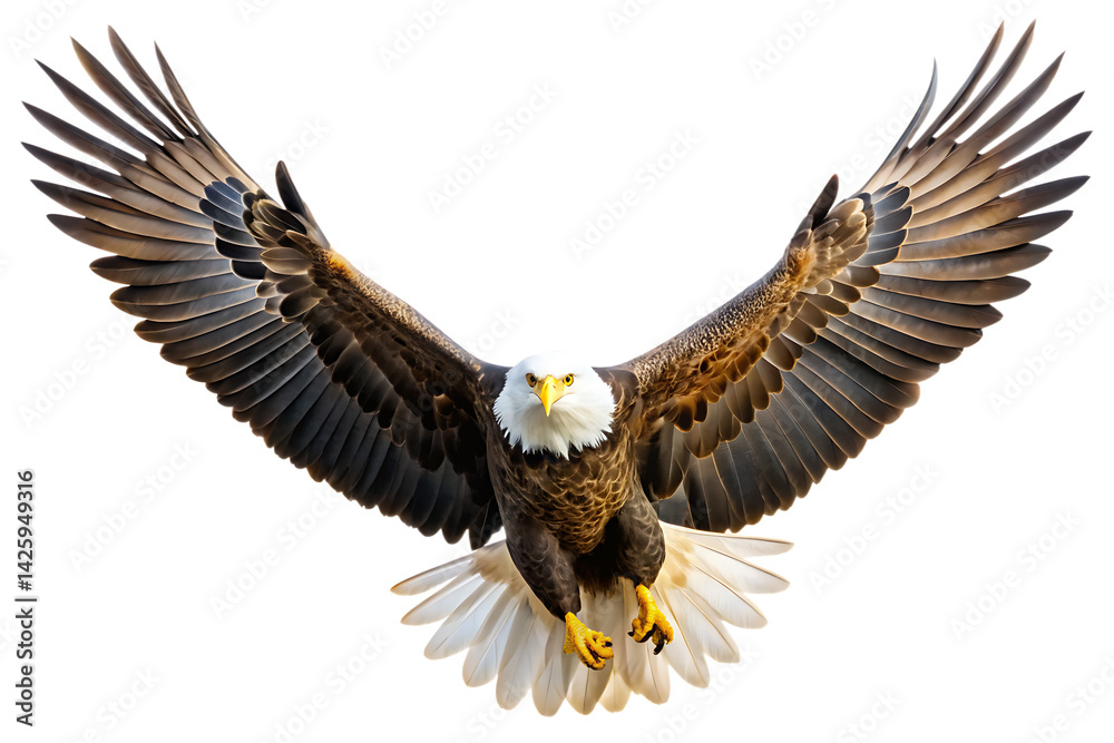 Fototapeta premium a spread wing bald eagle soars in the sky isolated on white background PNG , AI GENERATED