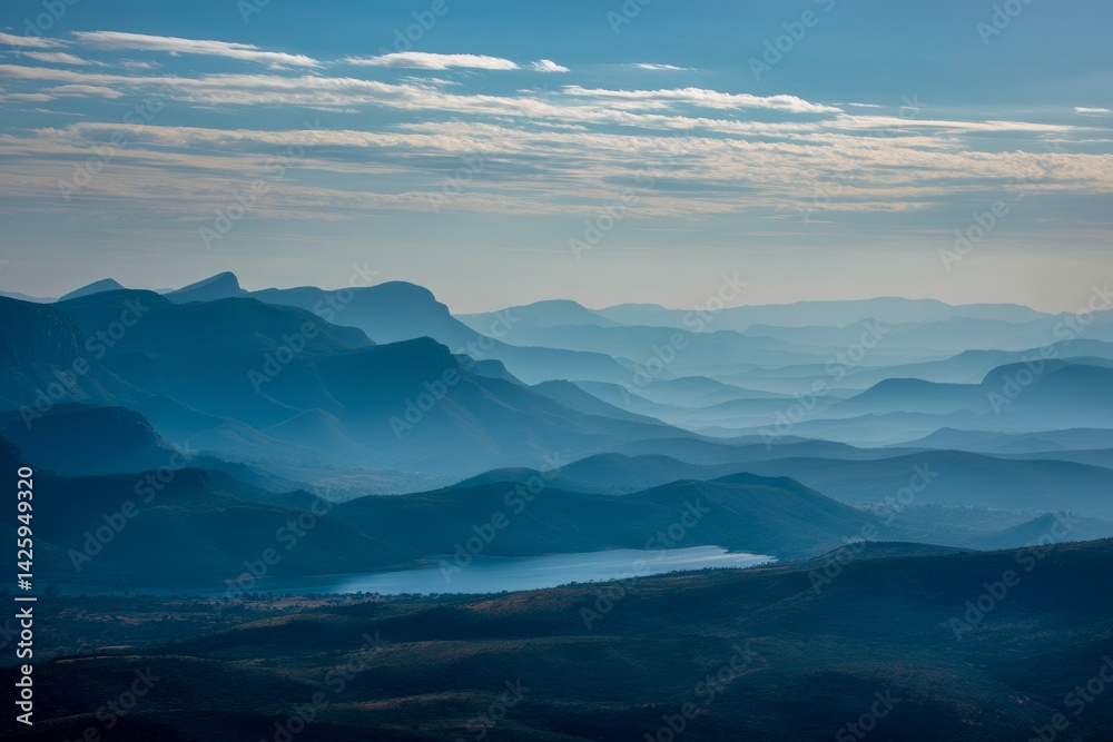 Fototapeta premium Majestic Mountain Ranges and Serene Lake: A Breathtaking Landscape Panorama at Dawn