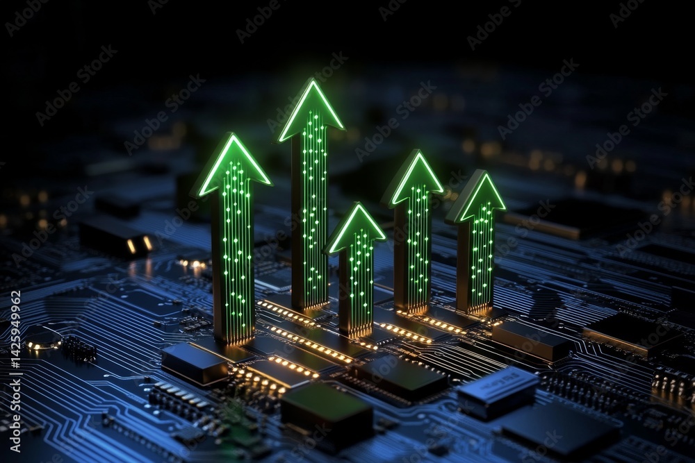 A background of green arrows pointing upwards on an electronic circuit board, representing growth and progress in the technology industry