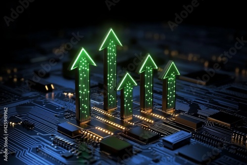 Obraz na płótnie A background of green arrows pointing upwards on an electronic circuit board, representing growth and progress in the technology industry w salonie