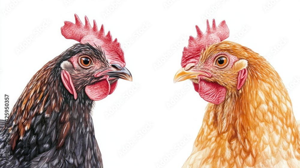 Naklejka premium Two chickens facing each other, close-up portrait