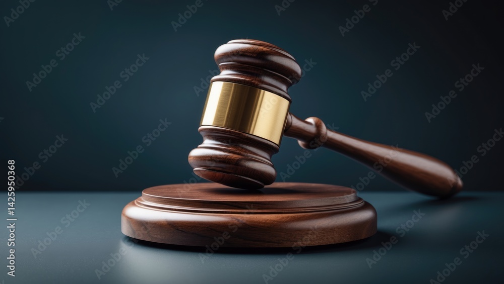 Close-up of gavel on wooden table with detailed background and isolated setting Close-up of gavel on wooden table with detailed background and isolated setting