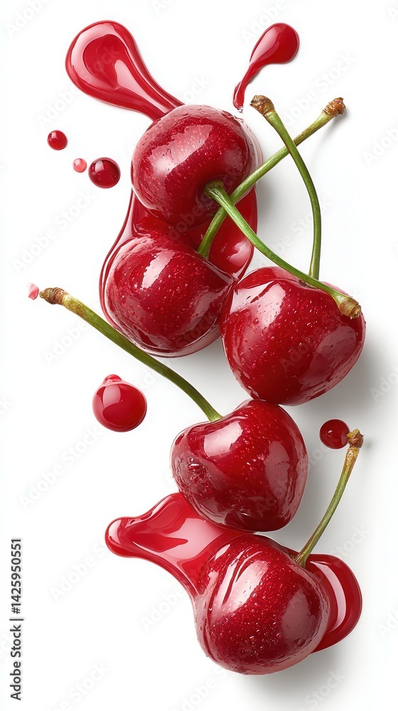 Close-up of five fresh red cherries with green stems on a white background, surrounded by vivid red juice splashes and droplets.