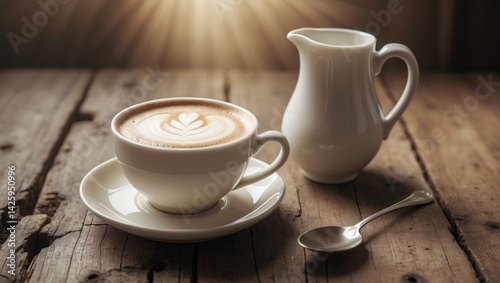 Cappuccino and Milk Jug on Table