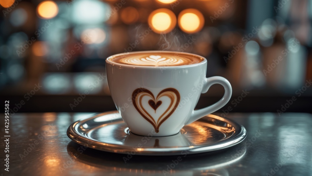 Obraz premium Cappuccino in a cup resting on a table with a vintage coffee shop background