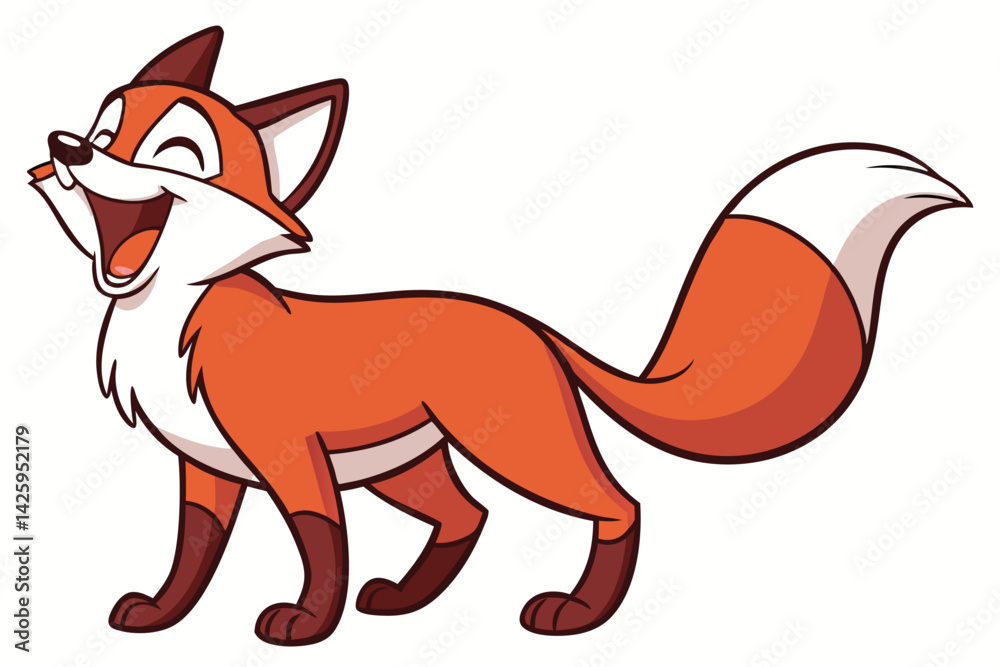 Obraz premium Cheerful Cartoon Fox Laughing Playful Orange & White Character on Green Hill Background