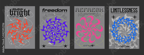 Cool Y2k Posters Vector Design. Brutalist Abstract Geometric Shape Placards. Acid Rave Cybersigilism Gothic Covers. Futuristic Pattern Textures.
