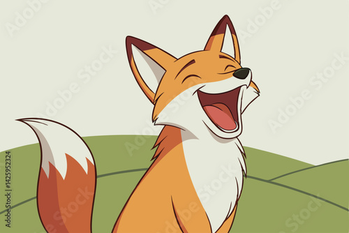 Cheerful Cartoon Fox Laughing Playful Orange & White Character on Green Hill Background
