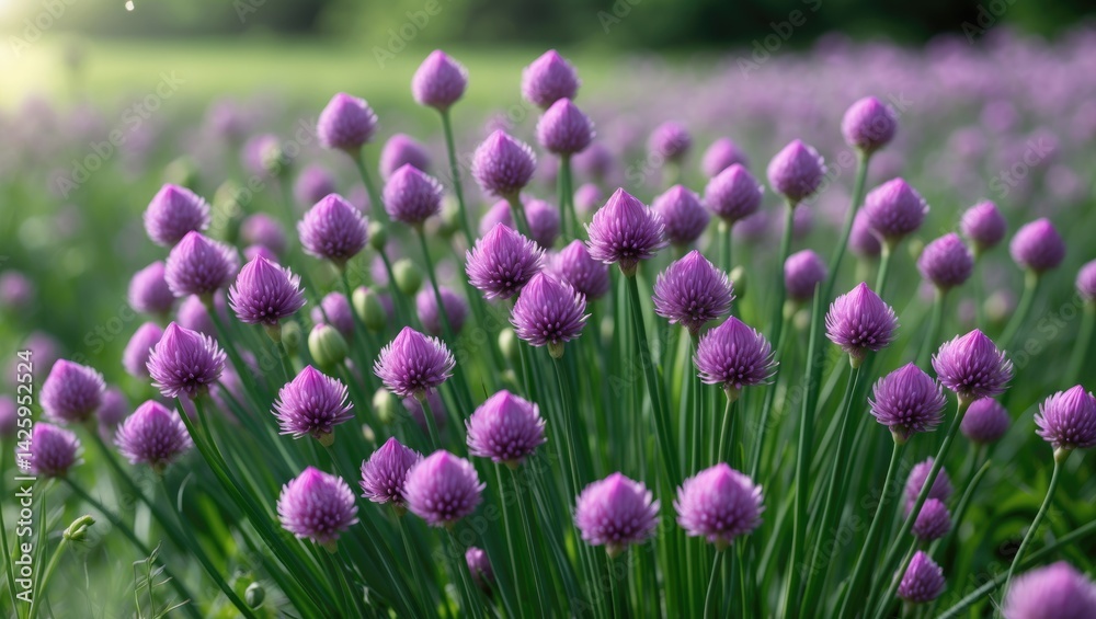 Naklejka premium Summer bloom of common chive flowers with pink and purple edible flower heads on onion herbs.