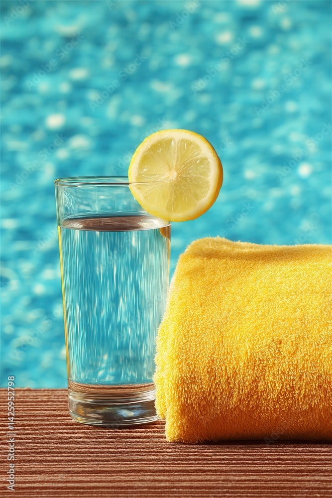 A refreshing glass of water with a lemon slice is placed beside a yellow towel, set against a sparkling blue swimming pool background.
