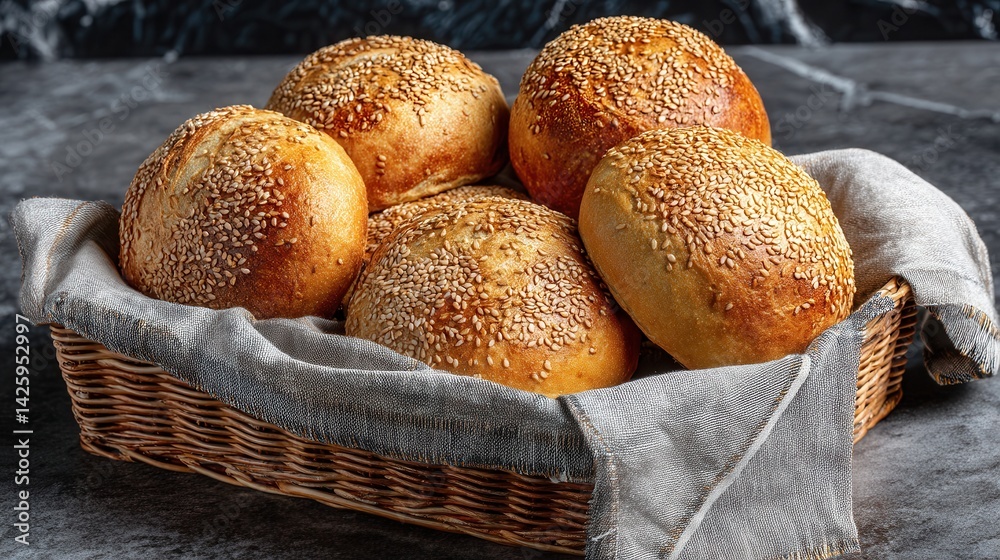 Golden brown sesame seed buns are arranged in a woven basket lined with a gray cloth napkin, placed on a dark stone surface.