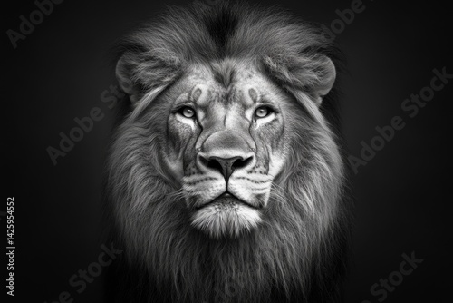 Black and white portrait of a lion, facing forward, with a cinematic, dark background, high-quality photography