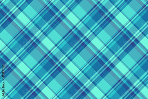 Customized fabric textile pattern, messy seamless background plaid. Classy tartan texture check vector in cyan and teal colors.