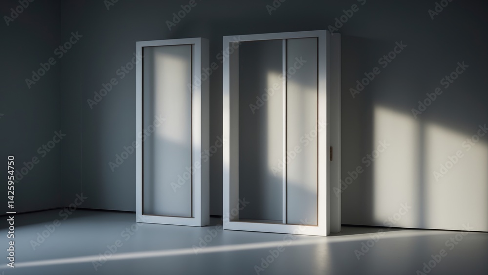 Modern wooden window with shadows emphasizing natural light for a serene minimalist interior Modern wooden window with shadows emphasizing natural light for a serene minimalist interior
