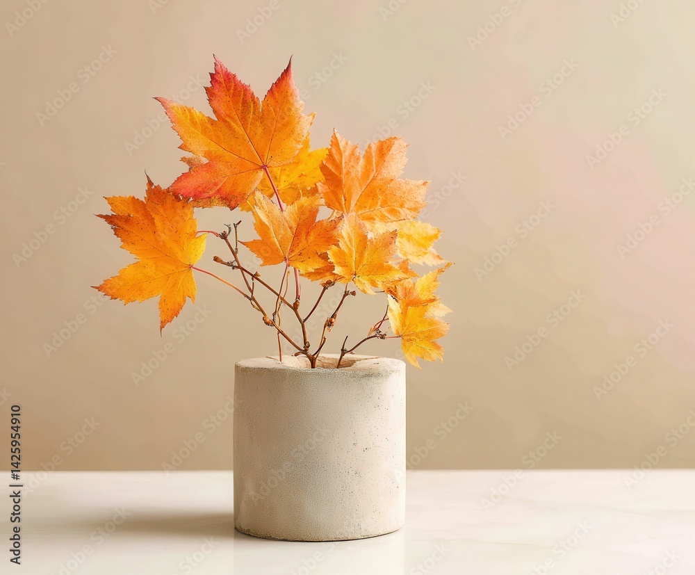 Bright orange and yellow autumn leaves are arranged in a simple concrete vase on a clean, soft-toned background.