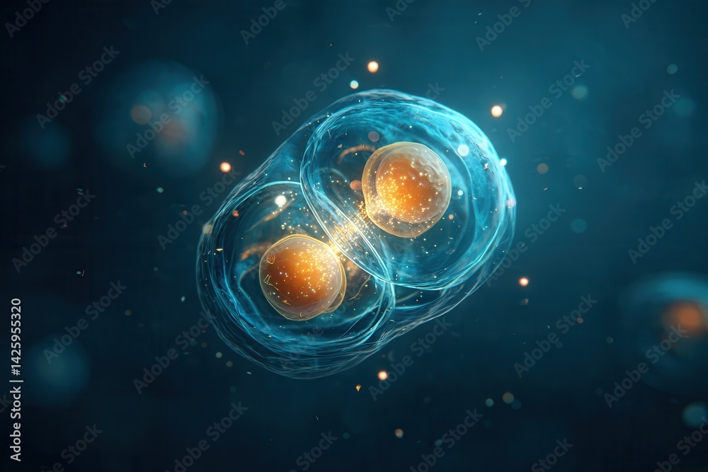A digitally rendered close-up of a glowing biological cell undergoing division with two illuminated orange nuclei in a blue environment.