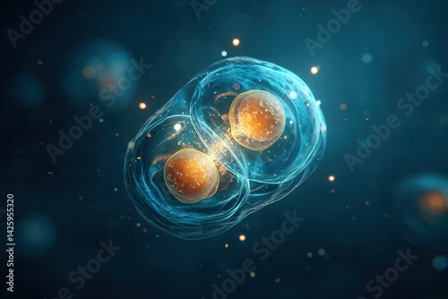 Obraz na płótnie A digitally rendered close-up of a glowing biological cell undergoing division with two illuminated orange nuclei in a blue environment. w salonie