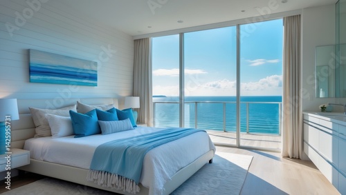 Elegant waterfront condo bedroom with blue accents, a comfortable bed, shiplap wall, and expansive ocean view through large windows
