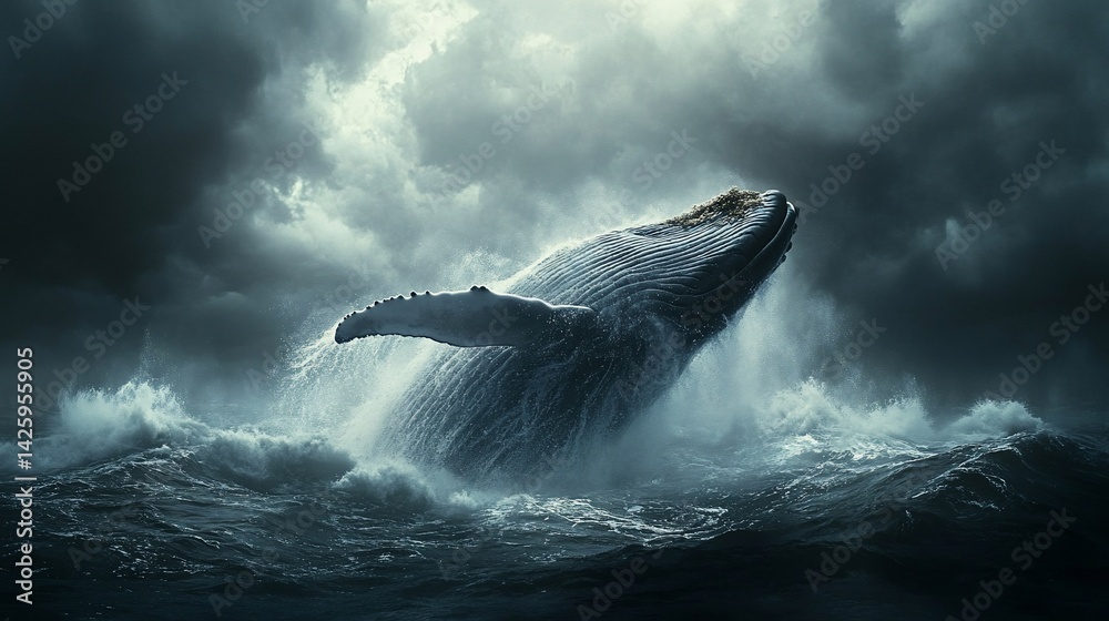 Fototapeta premium Whale breaching storm ocean waves dramatic sky