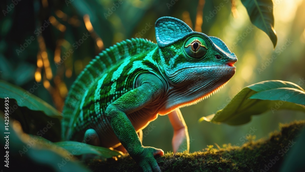 Fototapeta premium Indian Chameleon blending seamlessly into lush natural habitat