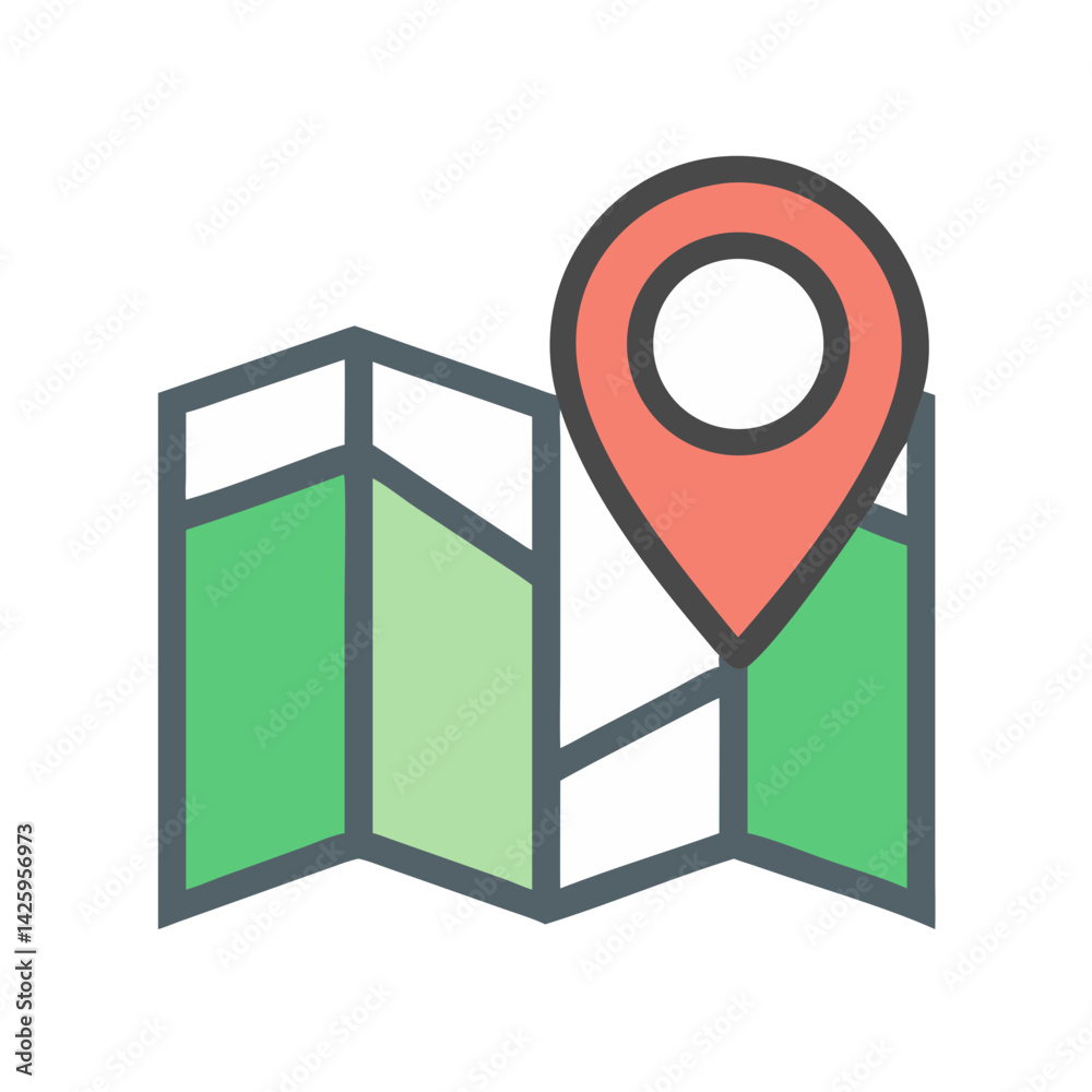 Folded Map with Pin Representing Location and Navigation Folded Map with Pin Representing Location and Navigation