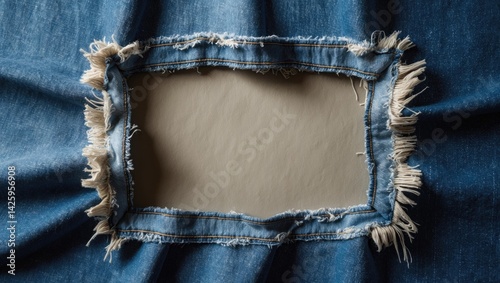 Denim fabric frame featuring ripped edges and fringe detail on background, with space for text, showcasing a worn casual double color patch piece.
