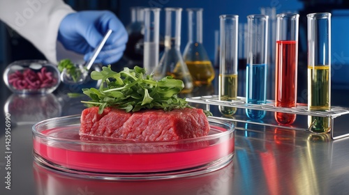 Obraz na płótnie A slab of lab-grown meat topped with arugula sits in a petri dish filled with red solution. In the background are colorful test tubes and a gloved scientist working with tweezers. w salonie