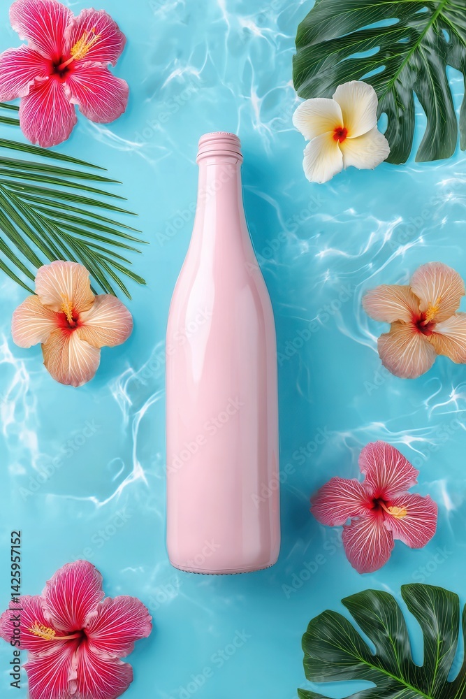 A glossy pink bottle lies on a turquoise water surface surrounded by colorful hibiscus flowers and tropical leaves.