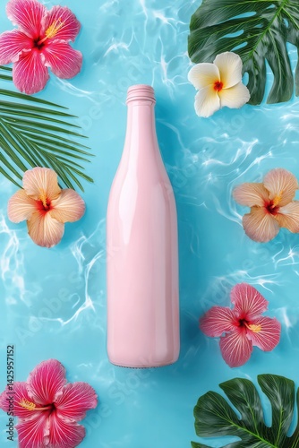 Obraz na płótnie A glossy pink bottle lies on a turquoise water surface surrounded by colorful hibiscus flowers and tropical leaves. w salonie