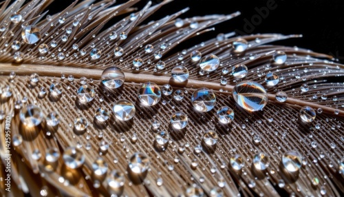 Close-up of a detailed feather with water droplets shimme and reflecting light, showcasing intricate textures and natural elegance on a dark background