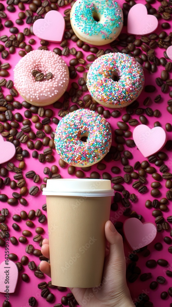 Three colorful donuts with sprinkles are surrounded by coffee beans and paper hearts on a bright pink surface, with a hand holding a takeaway coffee cup.