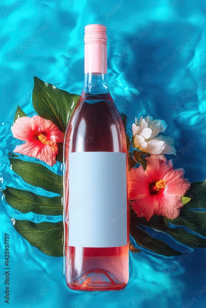 A bottle of rose wine with a blank label floats in blue water, surrounded by lush hibiscus flowers and tropical leaves.