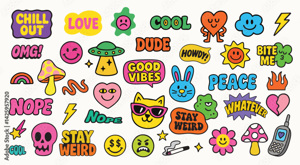 A chill vector sticker pack with laid‑back phrases, mushrooms, bunnies, hearts, and a retro UFO