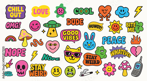 Obraz na płótnie A chill vector sticker pack with laid‑back phrases, mushrooms, bunnies, hearts, and a retro UFO w salonie