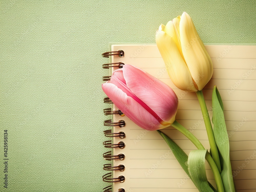 A green textured surface with a lined spiral notebook and two tulips