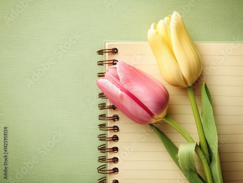 Obraz na płótnie A green textured surface with a lined spiral notebook and two tulips w salonie