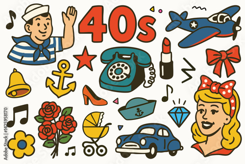 A vintage 1940s vector set featuring a sailor, retro airplane, rotary phone, lipstick, anchor, baby carriage, and a bouquet of roses.