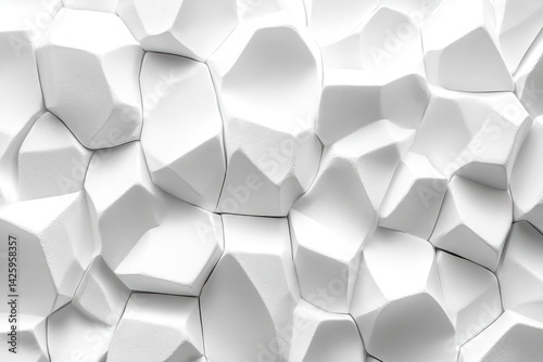 Abstract white geometric shapes create a textured surface with light and shadow.