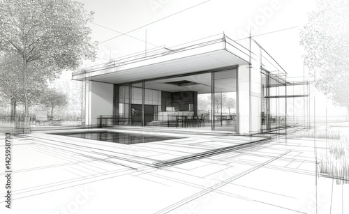 Modern House Architectural Sketch: Minimalist Design with Pool