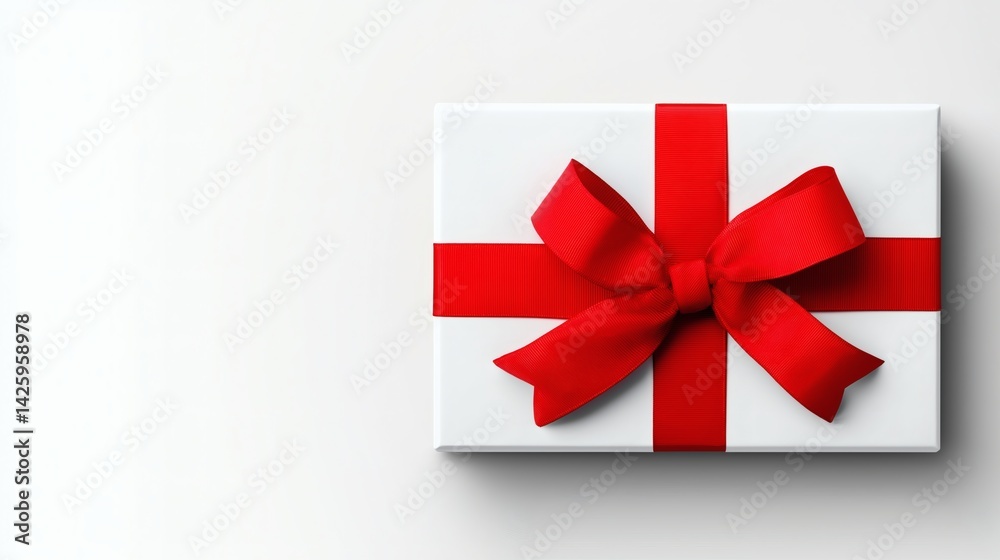 White gift box with red bow and space for text
